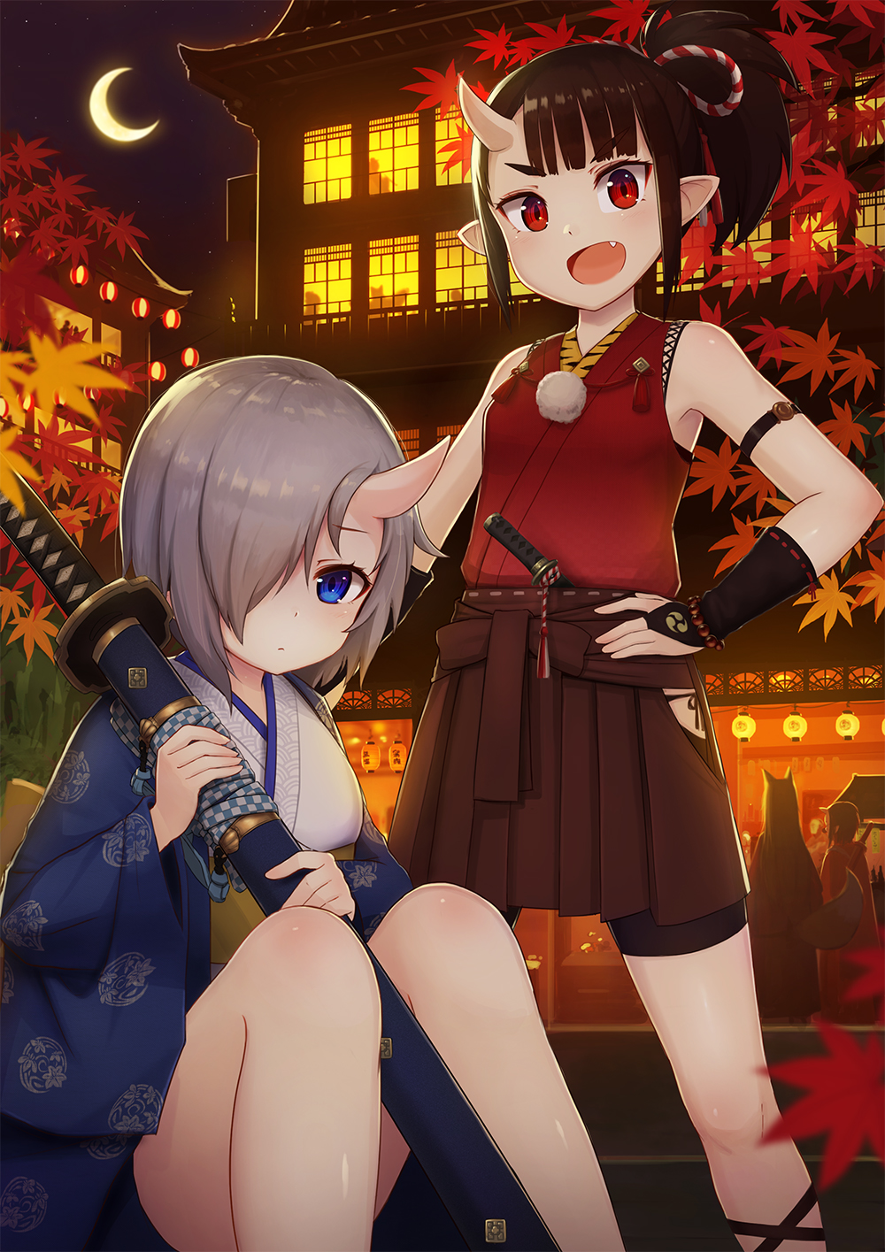 &gt;:d 2girls :d armpits bangs bare_legs bare_shoulders between_legs black_hair blue_eyes blue_kimono blunt_bangs blush breasts brown_skirt closed_mouth crescent_moon fang grey_hair hair_over_one_eye highres holding holding_sword holding_weapon horn japanese_clothes kai_(ootamuno12) katana kimono lantern looking_at_viewer moon multiple_girls night obi one_eye_covered oni open_mouth original paper_lantern people ponytail red_eyes red_shirt sash sheath sheathed shirt sitting skirt sky small_breasts smile standing sword tantou weapon window