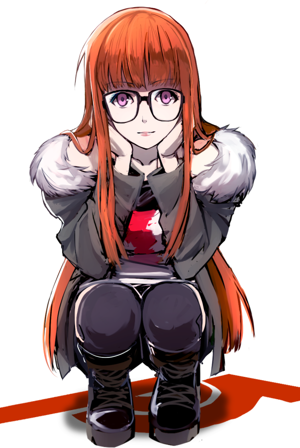 1girl black_legwear boots chin_rest coat fur_trim glasses kanro_(3637_3637) long_hair looking_at_viewer orange_hair persona persona_5 sakura_futaba solo squatting thigh-highs violet_eyes