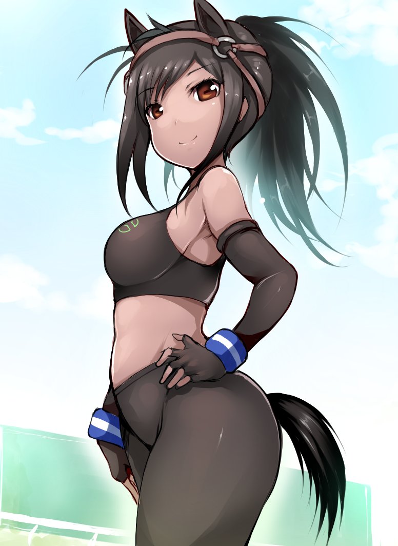 1girl animal_ears bare_shoulders black_gloves black_hair black_legwear blue_sky breasts brown_eyes brown_thoroughbred_(kemono_friends) commentary_request crop_top dark_skin elbow_gloves extra_ears eyebrows_visible_through_hair fingerless_gloves from_side gloves hand_on_hip horizontal_pupils horse_ears horse_tail japan_racing_association kemono_friends long_hair looking_at_viewer medium_breasts pantyhose sky smile solo tail tank_top tsukasawa_takamatsu