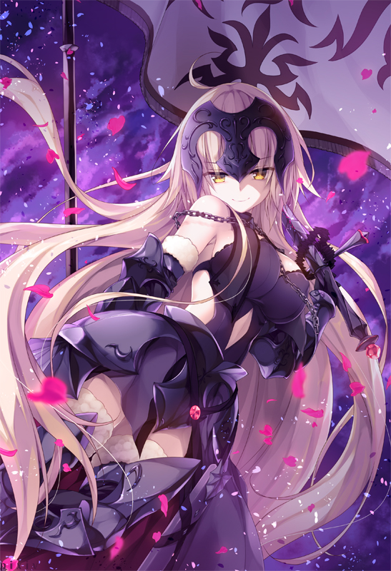 1girl armor armored_boots armored_dress boots breasts chains erect_nipples fate/grand_order fate_(series) flag gauntlets headpiece jeanne_alter konomi_(kino_konomi) large_breasts long_hair looking_at_viewer petals ruler_(fate/apocrypha) silver_hair smile solo sword very_long_hair weapon yellow_eyes