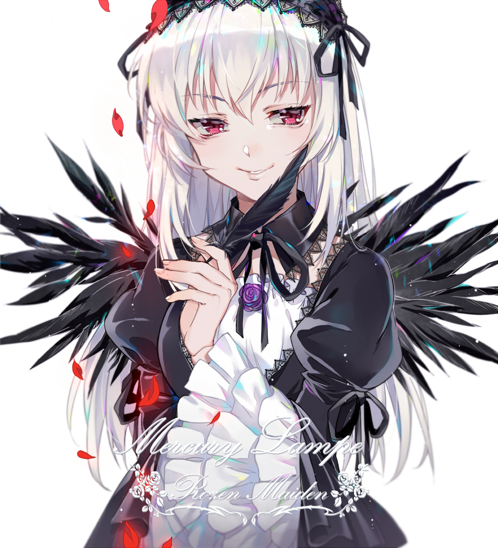 1girl bangs black_dress closed_mouth copyright_name dress ekita_xuan eyebrows_visible_through_hair feathers frilled_sleeves frills hair_between_eyes half-closed_eyes hand_up headdress holding holding_feather long_hair parted_lips petals red_eyes rozen_maiden silver_hair simple_background smile solo suigintou tsurime upper_body white_background wide_sleeves