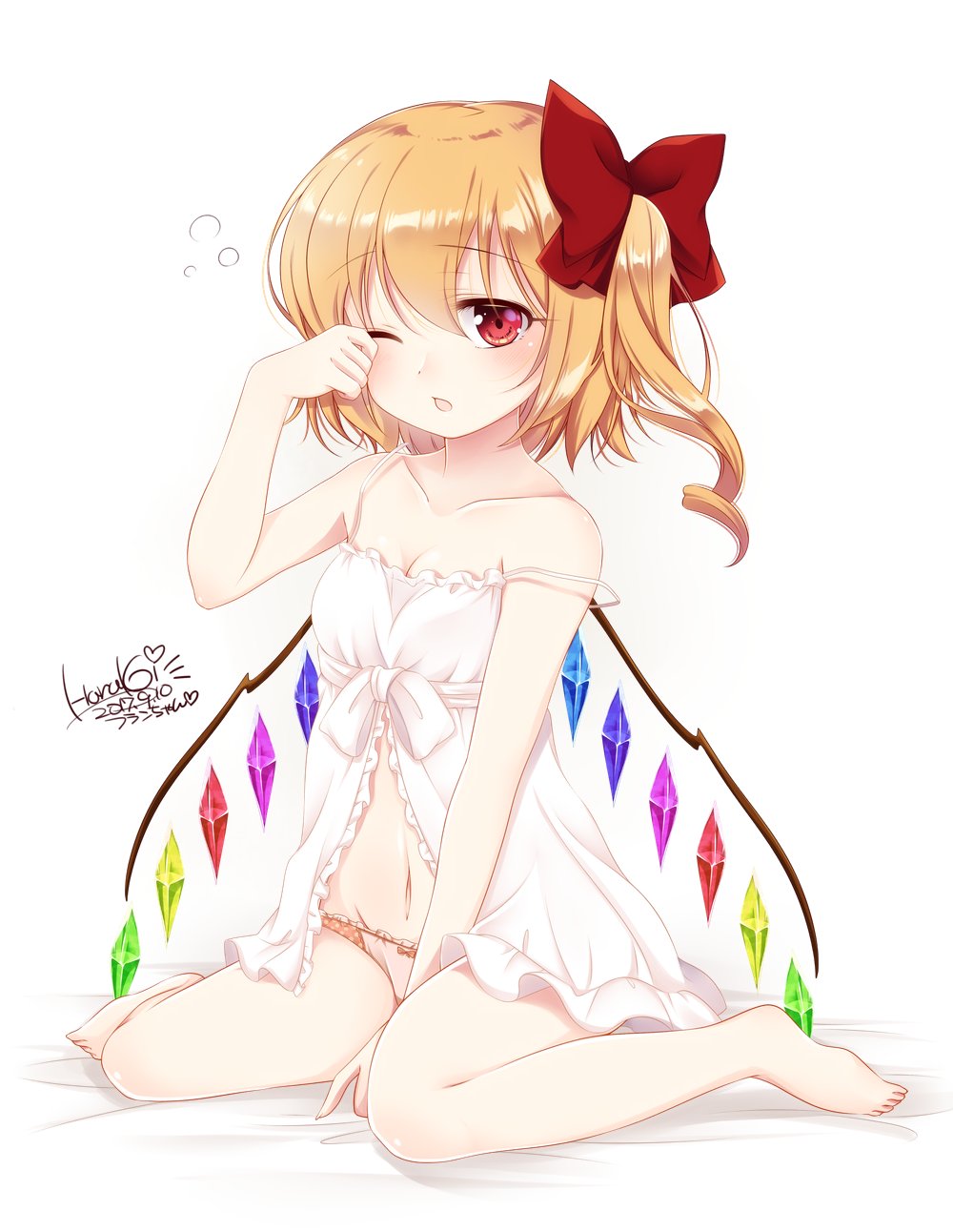 1girl alternate_costume artist_name bare_legs barefoot blonde_hair bow collarbone dated flandre_scarlet full_body hair_bow haruki_(colorful_macaron) highres looking_at_viewer navel one_eye_closed orange_panties panties polka_dot polka_dot_panties red_bow red_eyes side_ponytail simple_background sitting sleepy solo strap_slip touhou underwear wariza white_background wings