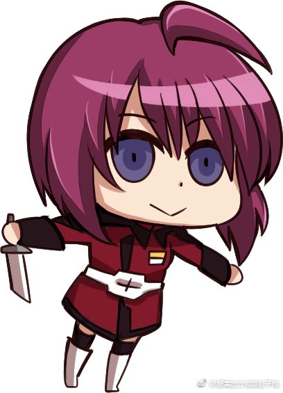 1girl :&gt; ahoge baocaizi belt blue_eyes boots chibi gundam gundam_seed gundam_seed_destiny holding holding_knife knife lunamaria_hawke military military_uniform outstretched_arms parody purple_hair riyo_(lyomsnpmp)_(style) short_hair solo style_parody thigh-highs uniform white_boots