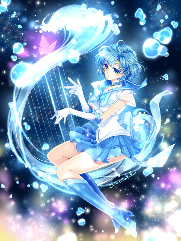 1girl bishoujo_senshi_sailor_moon blue_boots blue_bow blue_choker blue_eyes blue_hair blue_sailor_collar blue_skirt boots bow brooch butterfly circlet elbow_gloves full_body gloves harp instrument jewelry knee_boots magical_girl mercury_harp mizuno_ami music playing_instrument pleated_skirt sailor_mercury shirataki_kaiseki short_hair signature skirt smile solo super_sailor_mercury water white_gloves