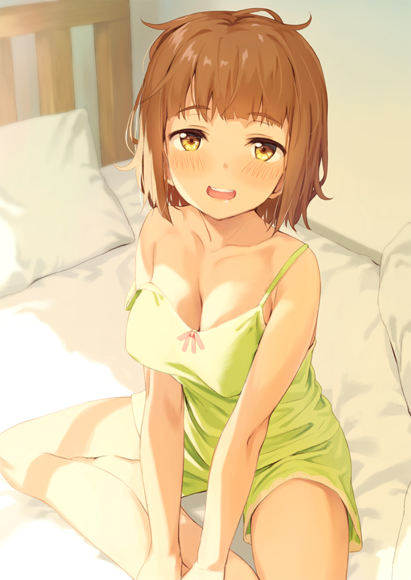 1girl :d bangs blush bob_cut breasts brown_hair camisole cleavage collarbone day eyebrows_visible_through_hair half-closed_eyes indian_style indoors kinta_(distortion) looking_at_viewer medium_breasts on_bed open_mouth original pajamas pillow shade short_hair sitting smile solo strap_slip tareme teeth yellow_eyes