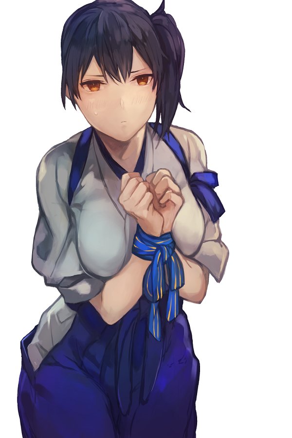 1girl black_hair blue_hakama blue_ribbon bound bound_wrists breasts brown_eyes closed_mouth cowboy_shot fukazaki hair_between_eyes hakama hakama_skirt hip_vent japanese_clothes kaga_(kantai_collection) kantai_collection kimono long_hair ribbon shiny shiny_hair side_ponytail simple_background solo sweatdrop tasuki white_background white_kimono