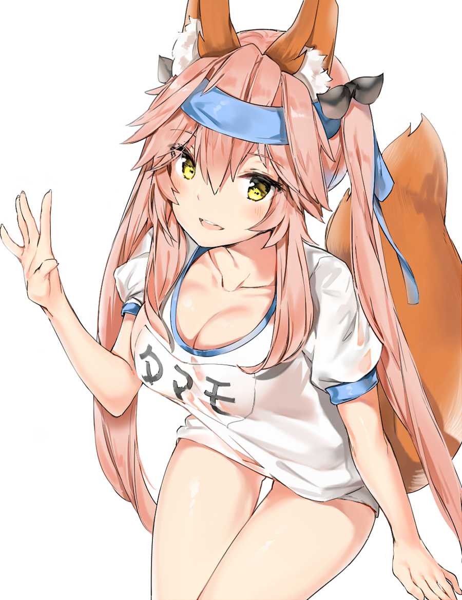 1girl animal_ears bangs blush breasts cleavage collarbone cowboy_shot eyebrows_visible_through_hair fate/extra fate_(series) fox_ears fox_tail gym_uniform hair_between_eyes hand_up headband large_breasts leaning_forward long_hair looking_at_viewer name_tag open_mouth pink_hair shirt short_sleeves sidelocks silver_(chenwen) simple_background smile solo t-shirt tail tamamo_(fate)_(all) tamamo_no_mae_(fate) thighs white_background white_shirt yellow_eyes