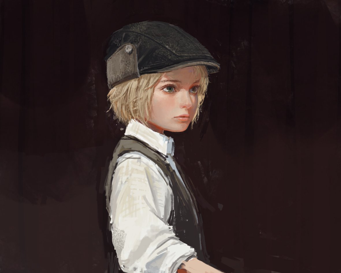 androgynous black_background black_hat blonde_hair cabbie_hat collared_shirt green_eyes hat lips looking_to_the_side nose original realistic shion_(mirudakemann) shirt sketch sleeves_pushed_up solo upper_body vest white_shirt