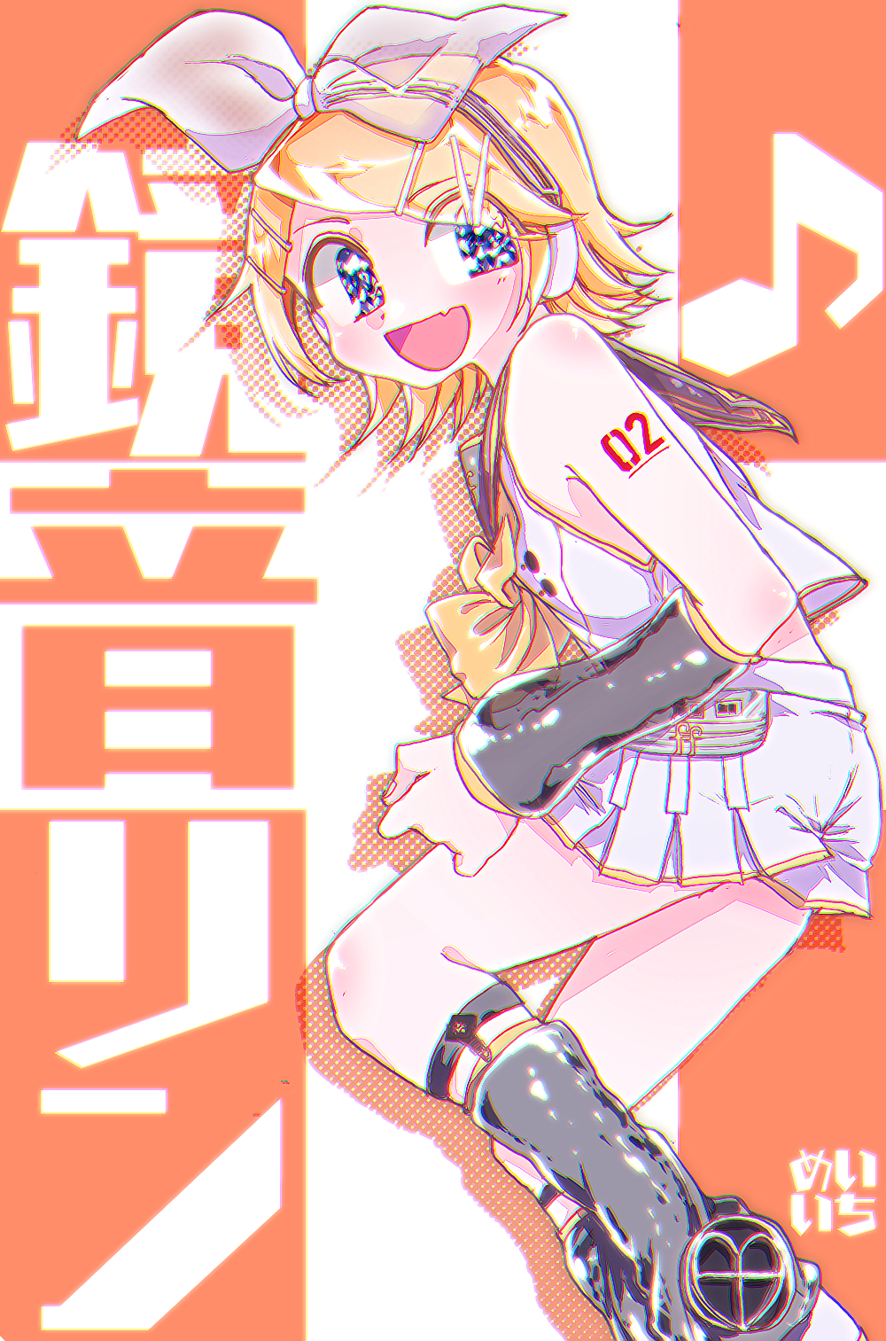 1girl :d arm_tattoo blonde_hair blue_eyes bow detached_sleeves fang fortissimo hair_bow hair_ornament hairclip headphones headset highres kagamine_rin kagamine_rin_(vocaloid4) knees_up leg_warmers looking_at_viewer open_mouth piano_print pleated sailor_collar shimasaki_meiichi short short_hair shorts smile sparkling_eyes tattoo turning_head v4x vocaloid white_shorts