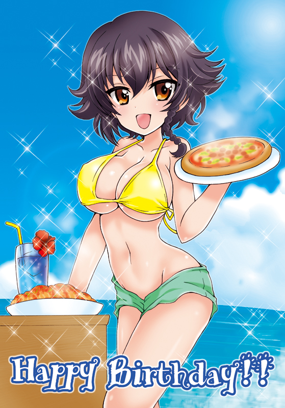1girl bangs bikini_shorts black_hair braid breasts brown_eyes burafu cleavage clouds cloudy_sky commentary cowboy_shot day flower food girls_und_panzer glass green_bikini_bottom happy_birthday holding large_breasts looking_at_viewer mismatched_bikini navel ocean open_mouth outdoors pepperoni_(girls_und_panzer) pizza short_hair shorts side_braid sky smile solo sparkle standing straw tray yellow_bikini_top