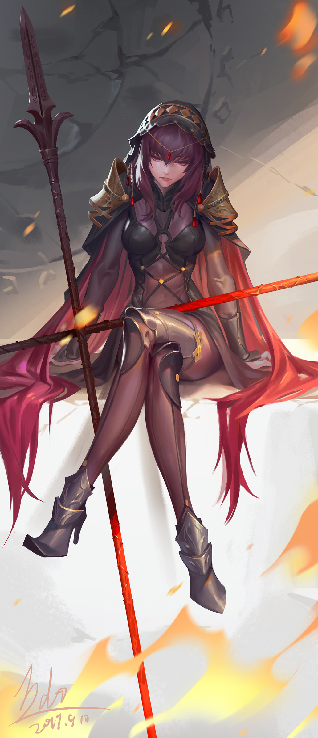 1girl arm_support eyelashes fate/grand_order fate_(series) gloves half-closed_eyes hellsing7 high_heels highres jewelry legs_crossed lips long_hair looking_to_the_side moon purple_hair red_eyes scathach_(fate/grand_order) skin_tight solo spaulders veil very_long_hair