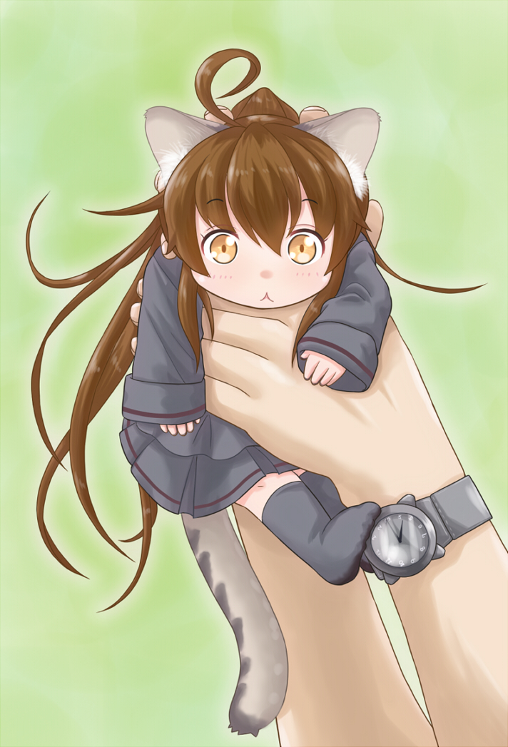 1girl :3 ahoge animal_ears brown_hair cat_ears cat_tail chibi fumizuki_(kantai_collection) jack_(slaintheva) kantai_collection kemonomimi_mode lifting_person long_hair looking_at_viewer skirt solo tail very_long_fingernails watch watch yellow_eyes