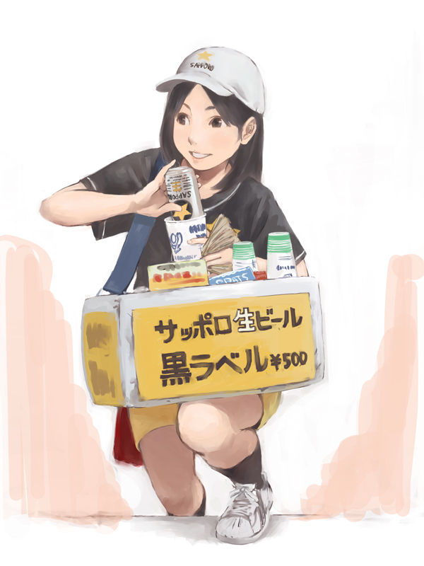 1girl alcohol baseball_cap beer beer_can black_eyes black_hair black_legwear black_shirt box can commentary_request cup drinking_cup drinking_glass hat holding kneeling looking_away looking_to_the_side money parted_lips shirt shoes shorts smile socks solo tamaru_tokihiko translation_request walking yellow_shorts yen