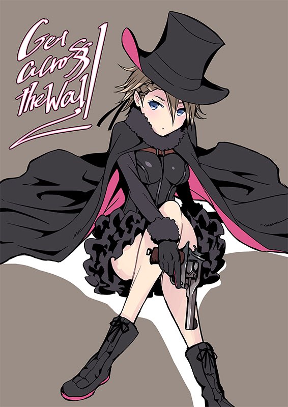 1girl ange_(princess_principal) blue_eyes cape english grey_hair gun handgun hat legs_crossed murajimura princess_principal revolver short_hair sitting solo top_hat weapon