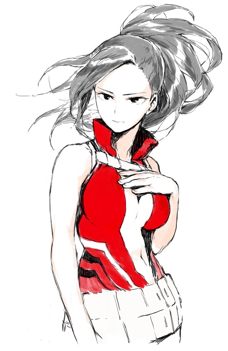 1girl bare_arms bare_shoulders black_eyes black_hair boku_no_hero_academia breasts center_opening hand_on_own_chest highres navel ponytail simple_background sleeveless solo white_background yaoyorozu_momo