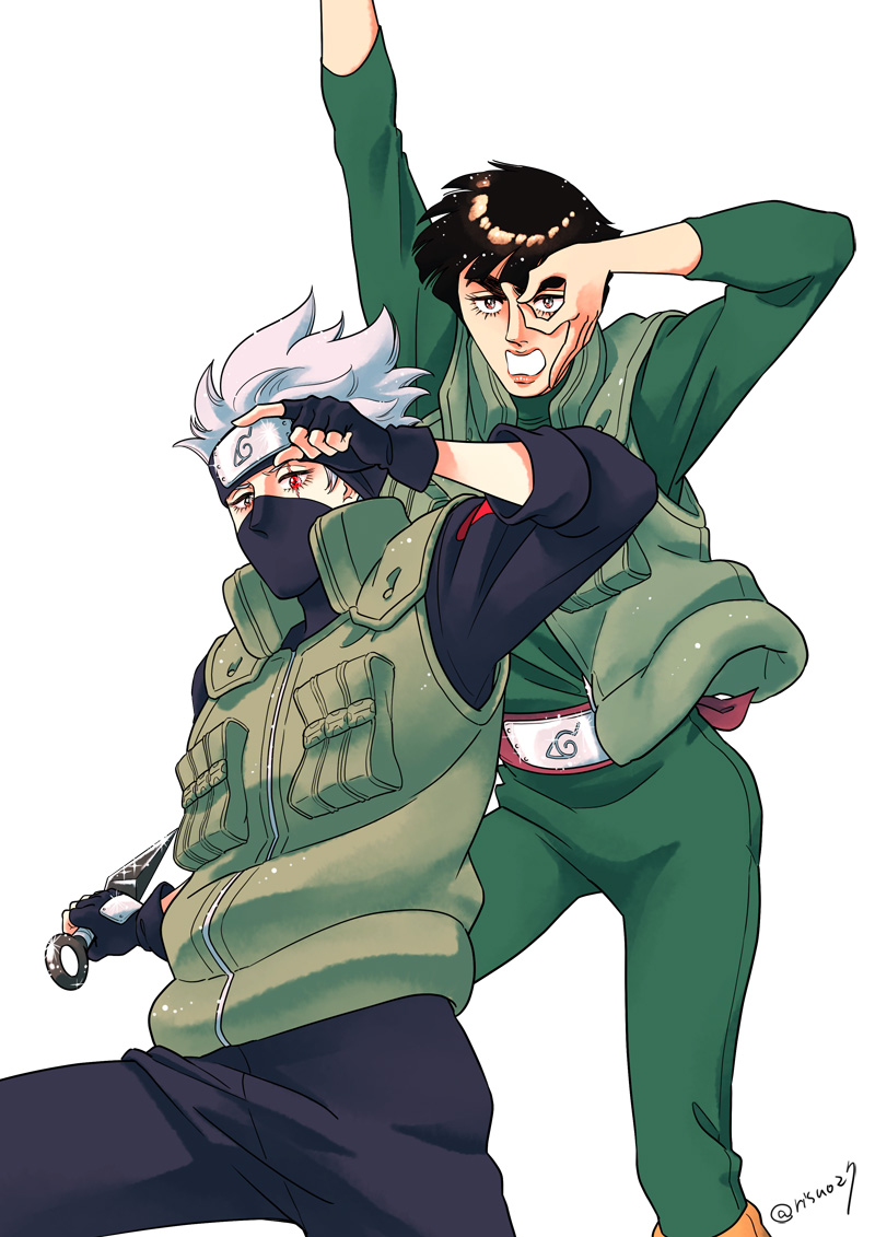 2boys black_hair forehead_protector hatake_kakashi heterochromia kunai male_focus mask might_guy multiple_boys naruto pose red_eyes risuo scar sharingan silver_hair twitter_username weapon white_background