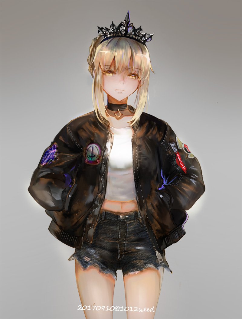 1girl artoria_pendragon_(all) black_jacket blonde_hair bomber_jacket crown cutoffs fate/grand_order fate_(series) jacket navel saber shirt shorts solo weed_(1012weed) white_shirt yellow_eyes