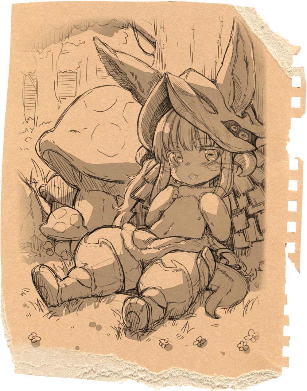 1girl :d against_tree animal_ears barefoot blush commentary_request eyebrows_visible_through_hair fang film_strip flower forest furry helmet highres horizontal_pupils horned_helmet kekocha looking_at_viewer made_in_abyss monochrome mushroom nanachi_(made_in_abyss) nature on_ground open_mouth pants sepia sitting sketch smile solo tail topless tree