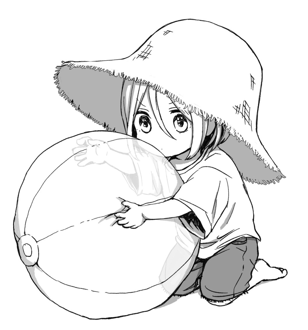 1boy ball beachball child greyscale hat idolmaster idolmaster_side-m kneeling koron_chris looking_down male_focus monochrome ootokage oversized_clothes oversized_hat short_hair shorts solo sun_hat younger