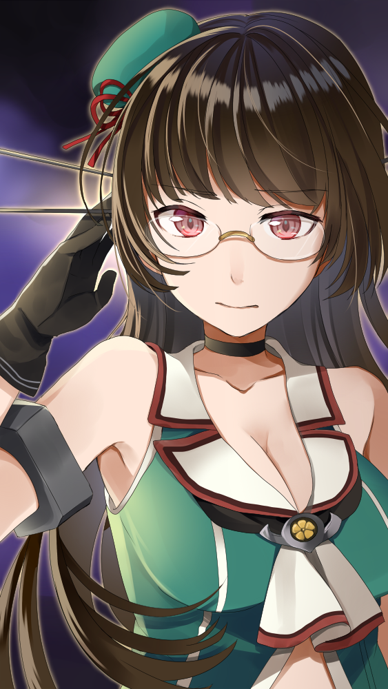 1girl black_gloves breasts brown_hair choker choukai_(kantai_collection) cleavage commentary_request glasses gloves hair_ornament hat kantai_collection large_breasts long_hair looking_at_viewer red_eyes remodel_(kantai_collection) rimless_glasses solo yuna_(yukiyuna)