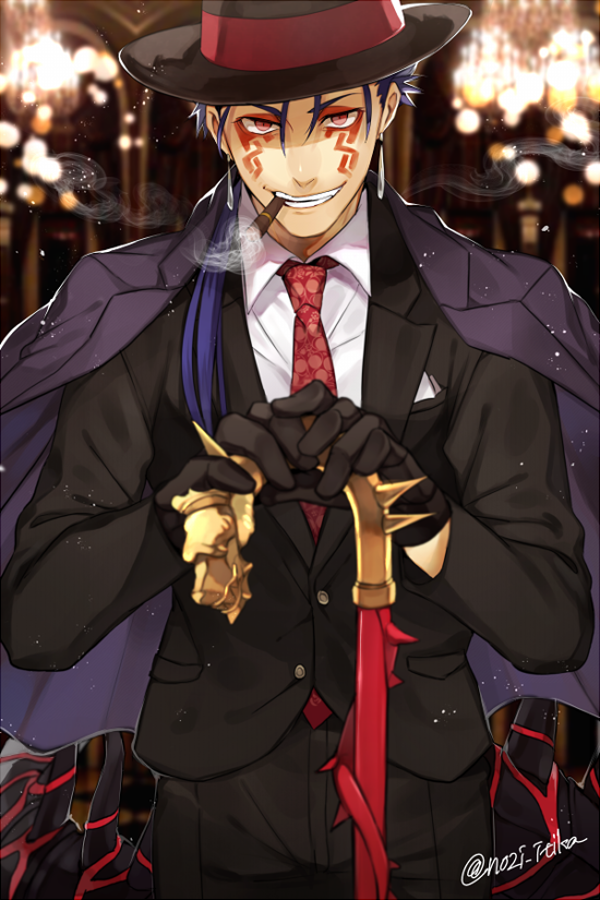 1boy 2f_sq black_gloves black_jacket black_pants blue_hair breast_pocket cane character_request cigar cowboy_shot cu_chulainn_alter_(fate/grand_order) facial_mark fate/grand_order fate_(series) formal gloves grin hands_on_hilt hat holding jacket jacket_on_shoulders lancer long_hair long_sleeves looking_at_viewer male_focus mouth_hold necktie pants pocket ponytail red_eyes shirt smile smoking solo suit thorns tuxedo twitter_username white_shirt