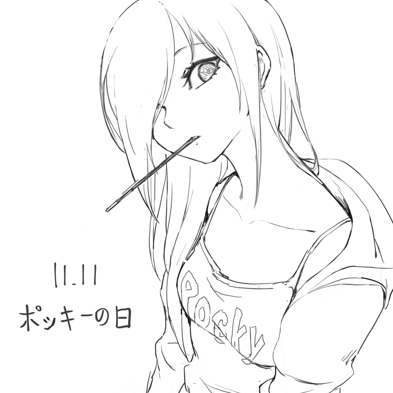 1girl bangs camisole collarbone food food_in_mouth hair_over_one_eye hood hoodie lineart long_hair looking_at_viewer mouth_hold oopartz_yang open_clothes open_hoodie original pocky pocky_day simple_background solo tsurime upper_body