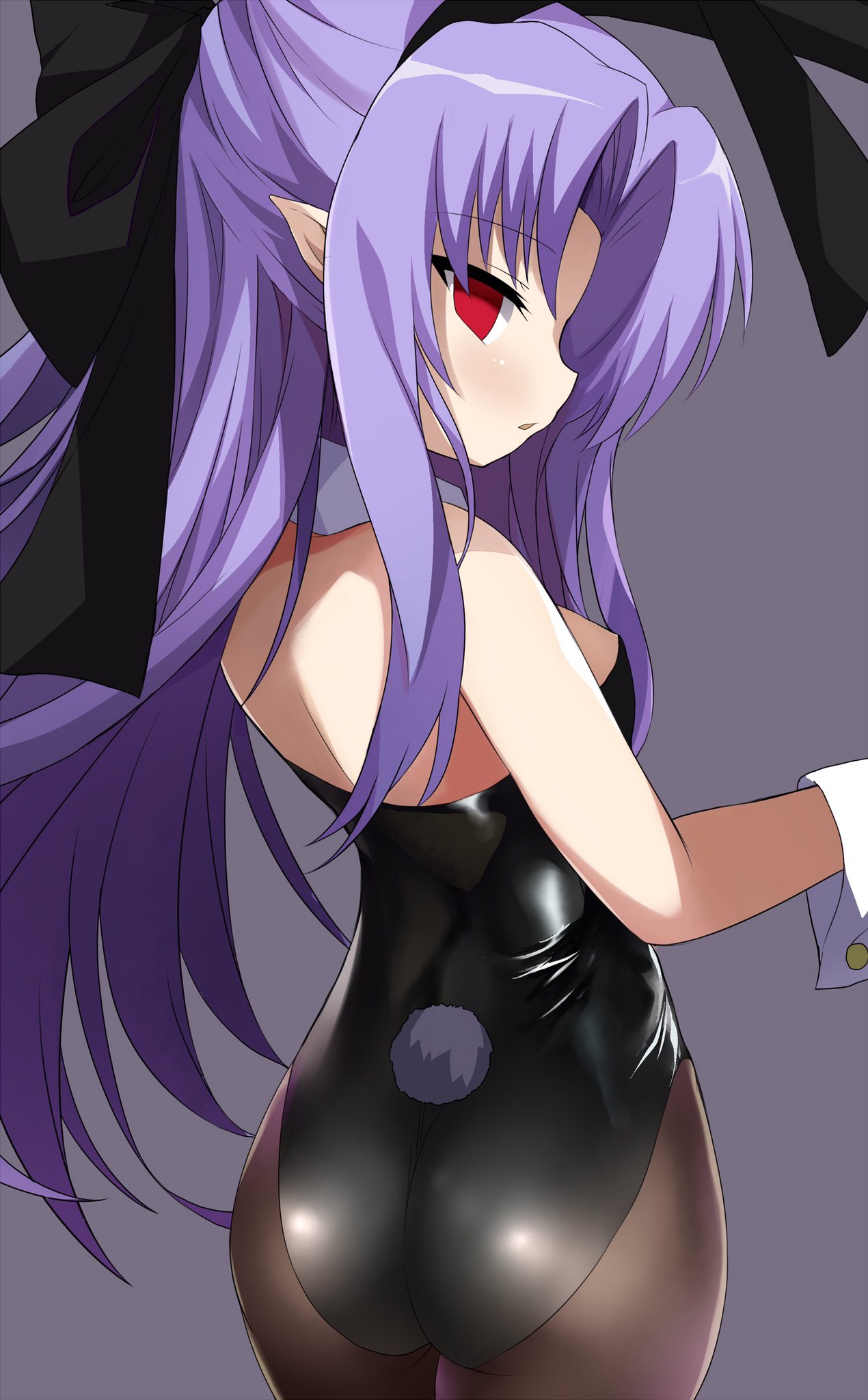 1girl animal_ears ass black_legwear black_leotard bow breasts bunny_tail bunnysuit detached_collar empty_eyes fake_animal_ears from_behind highres len leotard long_hair looking_back melty_blood pantyhose pointy_ears purple_hair rabbit_ears red_eyes ribbon shimejinameko sideboob small_breasts solo strapless strapless_leotard tail tsukihime wrist_cuffs