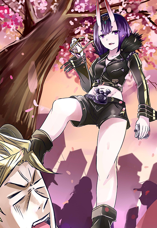 1boy 1girl black_shorts blonde_hair cherry_blossoms collarbone crop_top fate/grand_order fate_(series) from_below holding holding_sunglasses horns jeffrey10 midriff navel open_mouth outdoors purple_hair sakata_kintoki_(fate/grand_order) short_hair short_shorts shorts shuten_douji_(onmyoji) standing stomach sunglasses tree violet_eyes