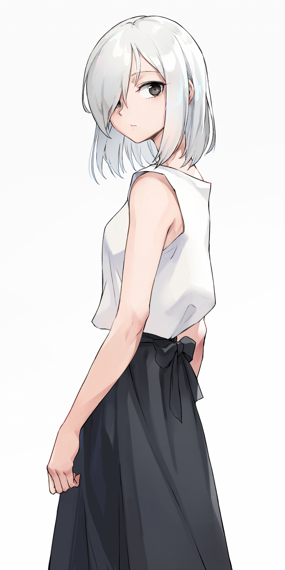 1girl bangs black_skirt blouse closed_mouth cowboy_shot from_side grey_eyes grey_hair hair_over_one_eye highres looking_at_viewer oopartz_yang original sidelocks silver_hair simple_background skirt sleeveless sleeveless_blouse solo tsurime white_background white_blouse