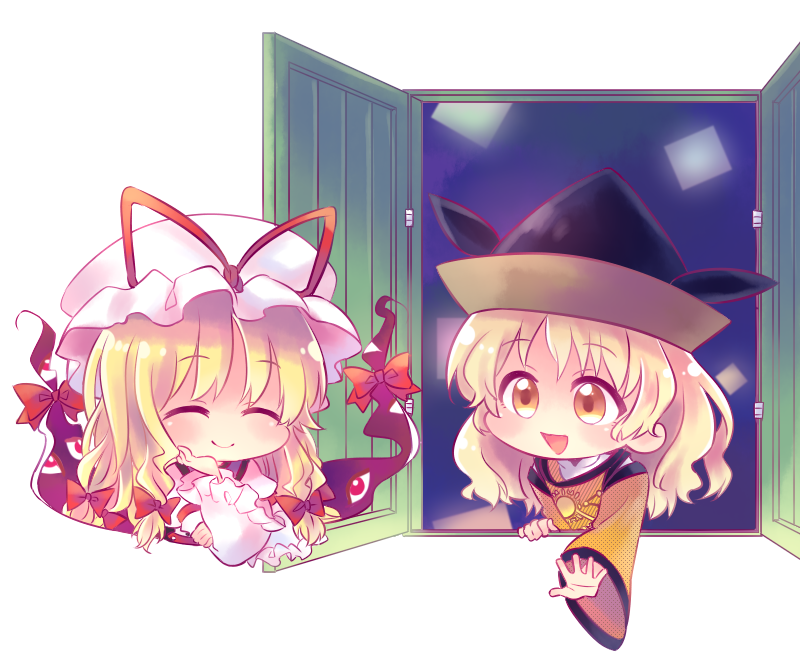 2girls :d blonde_hair chibi door hat matara_okina mob_cap multiple_girls open_mouth red_ribbon ribbon smile tendon_(artist) touhou wide_sleeves yakumo_yukari