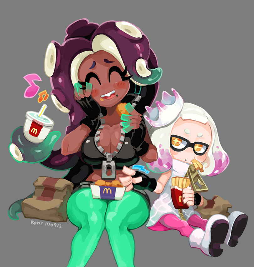 2girls bag blush breasts chicken_nuggets cleavage closed_eyes crop_top crown dark_skin domino_mask dress drink drinking_straw eating fingerless_gloves food food_in_mouth food_on_face french_fries full_body gloves green_hair green_legwear green_nails grey_background hand_on_own_cheek happy hime_(splatoon) iida_(splatoon) long_hair mask mcdonald's midriff mole mole_under_mouth multicolored_hair multiple_girls musical_note nail_polish navel octarian pantyhose partially_unzipped pink_hair pink_legwear purple_hair short_hair simple_background sitting sleeveless smile splatoon splatoon_2 tentacle_hair two-tone_hair white_hair yellow_eyes zipper