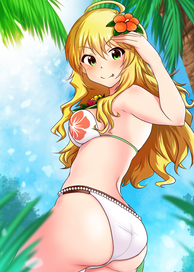 1girl ;p ahoge ass bikini blonde_hair breasts day eyebrows_visible_through_hair floral_print flower from_behind green_eyes green_s hair_between_eyes hair_flower hair_ornament hibiscus hoshii_miki idolmaster long_hair lookinat_viwer looking_back medium_breasts momoda_yasuhito one_eye_closed orange_flower outdoors palm_tree shiny shiny_skin sideboob solo standing swimsuit tongue tongue_out tree very_long_hair white_bikini