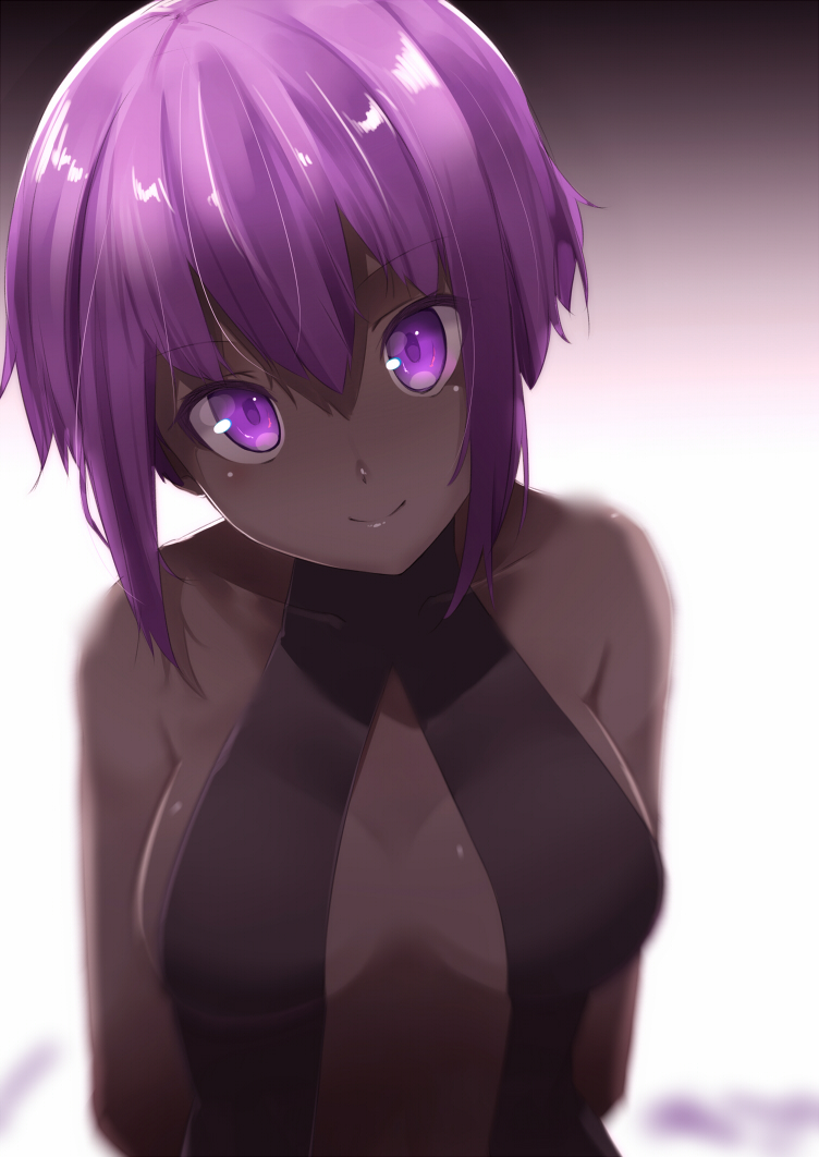 1girl assassin_(fate/prototype_fragments) bare_shoulders black_leotard blurry breasts center_opening commentary_request dark_skin depth_of_field fate/prototype fate/prototype:_fragments_of_blue_and_silver fate_(series) hairband head_tilt leotard looking_at_viewer medium_breasts purple_hair short_hair smile solo upper_body violet_eyes yuuzuki_(re'ef)