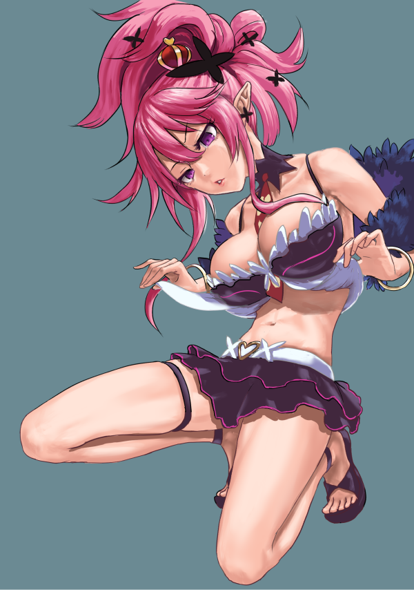 1girl between_breasts black_skirt blue_background bracelet breasts cleavage crown disgaea feather_boa full_body jewelry large_breasts makai_senki_disgaea_5 midriff mini_crown miniskirt navel necktie necktie_between_breasts open_toe_shoes pink_hair pointy_ears ponytail red_necktie seraphina_(disgaea) shirt_lift shoes short_hair simple_background skirt solo squatting tomiokasena violet_eyes white_belt