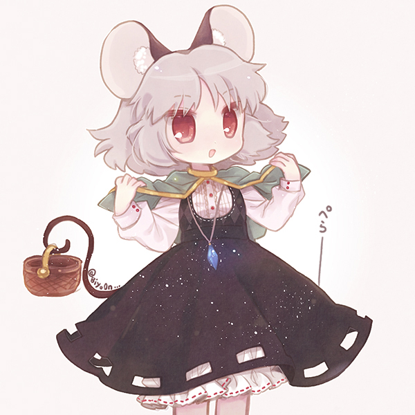 1girl animal_ears basket biyon black_skirt capelet cowboy_shot grey_hair high-waist_skirt jewelry long_sleeves looking_at_viewer mouse_ears mouse_tail nazrin pendant red_eyes short_hair simple_background skirt skirt_set smile solo tail touhou twitter_username