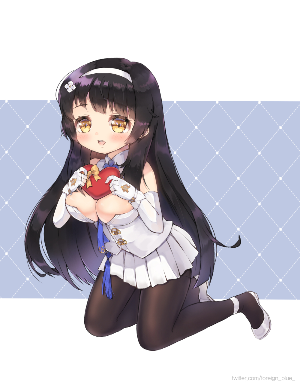 1girl :d ankle_lace-up bangs bare_shoulders black_hair black_legwear blue_neckwear blush box breasts brown_eyes cleavage commentary cross-laced_footwear detached_collar detached_sleeves eyebrows_visible_through_hair foreign_blue full_body gift gift_box girls_frontline gloves grey_footwear hairband hands_up heart-shaped_box highres holding holding_gift kneeling large_breasts long_hair long_sleeves looking_at_viewer open_mouth pantyhose pleated_skirt qbz-95_(girls_frontline) shirt sidelocks skirt smile solo upper_teeth valentine very_long_hair white_gloves white_hairband white_shirt white_skirt