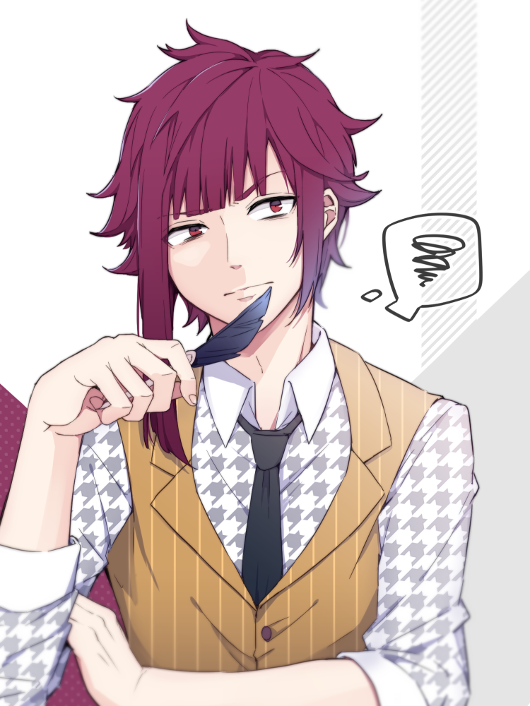 1boy a3! arisugawa_homare asymmetrical_hair feathers houndstooth looking_up male_focus multicolored multicolored_background necktie pinstripe_pattern purple_hair quill spoken_squiggle squiggle striped thinking waistcoat