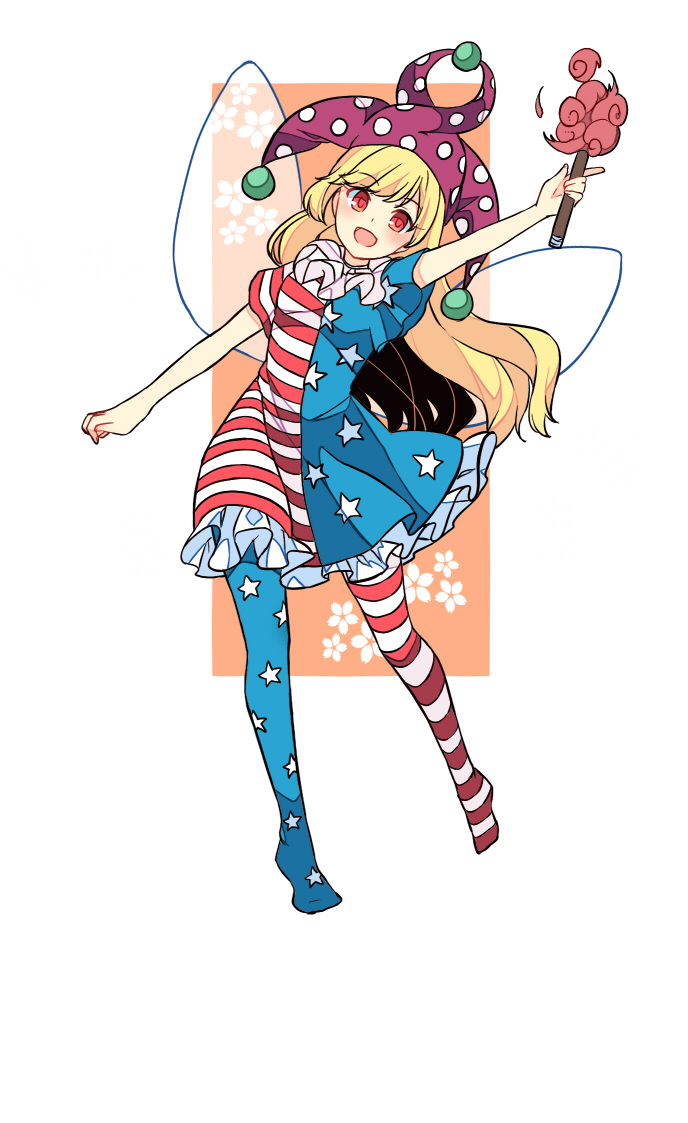 1girl american_flag_dress bare_arms blonde_hair clownpiece dress fairy_wings fire full_body hat haya_taro_pochi head_tilt holding jester_cap long_hair looking_at_viewer neck_ruff pantyhose polka_dot red_eyes short_dress short_sleeves smile solo star star_print striped torch touhou white_background wings