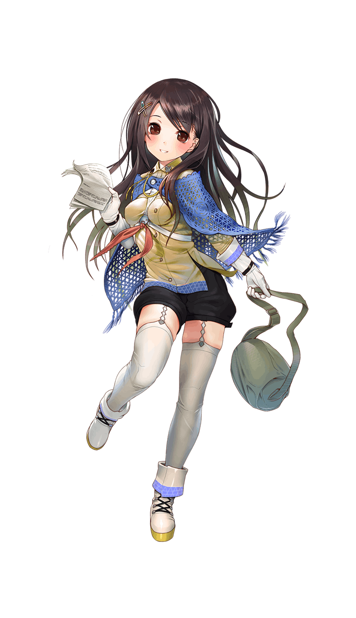 1girl artist_request black_hair brown_eyes formation_girls full_body gloves hair_ornament hairclip highres holding_bag holding_letter long_hair minashiro_shizuku official_art shoes smile solo thigh-highs transparent_background white_gloves white_legwear white_shoes x_hair_ornament