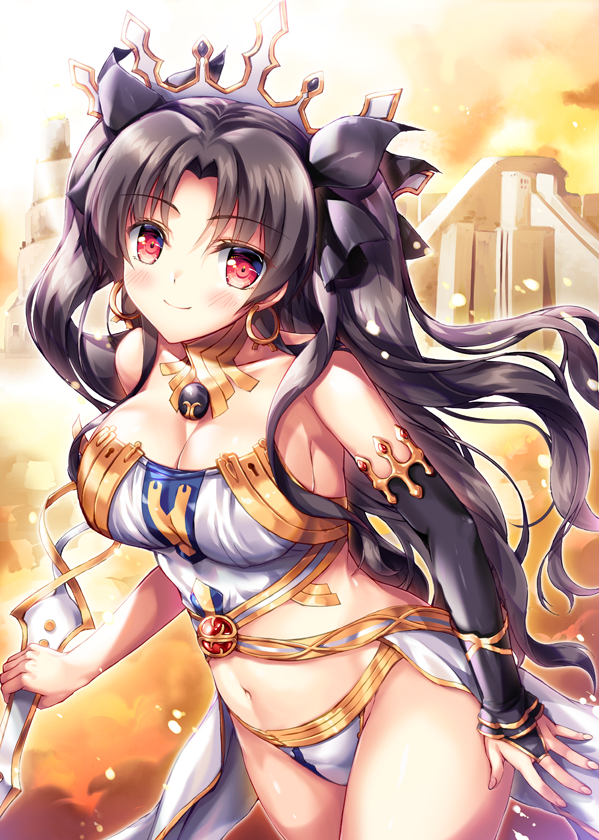 1girl alternate_breast_size bare_shoulders black_hair blush breasts bridal_gauntlets cleavage crown earrings elbow_gloves fate/grand_order fate_(series) fukase_ayaka gloves hair_ribbon hoop_earrings ishtar_(fate/grand_order) jewelry large_breasts long_hair looking_at_viewer midriff navel red_eyes ribbon single_elbow_glove smile solo tohsaka_rin two_side_up