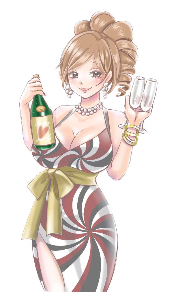 alcohol bangle bracelet breasts brown_eyes brown_hair champagne_flute cleavage cup dress drinking_glass jewelry kawamoto_akari komotodaemai lipstick looking_at_viewer makeup necklace pearl_earrings pearl_necklace sangatsu_no_lion smile standing