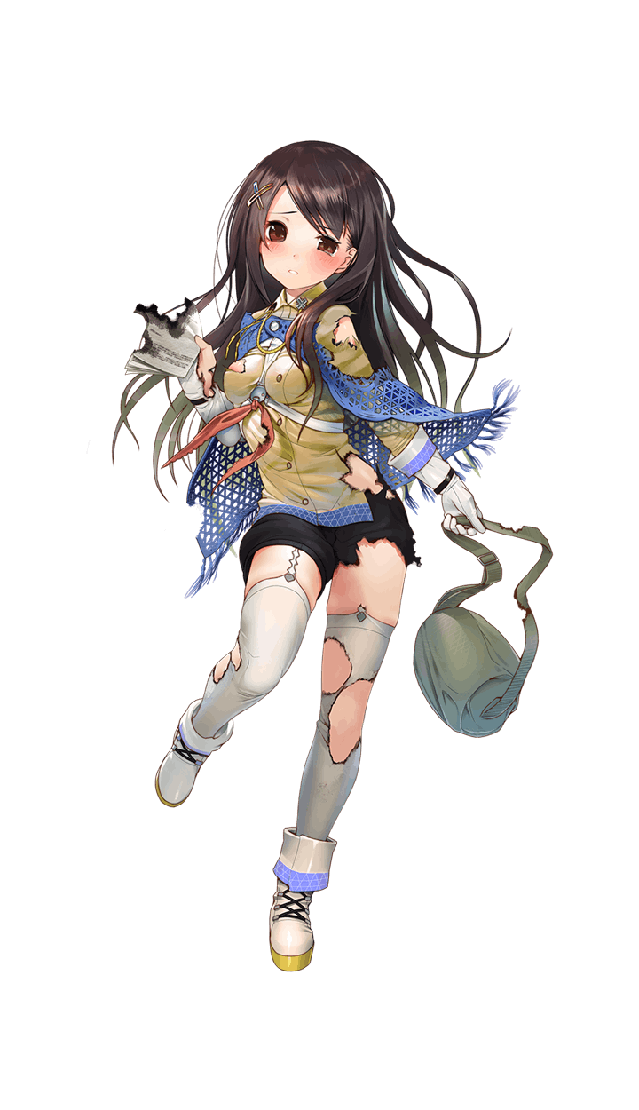1girl artist_request black_hair brown_eyes formation_girls full_body gloves hair_ornament hairclip highres holding_bag holding_letter long_hair minashiro_shizuku official_art shoes solo thigh-highs torn_clothes transparent_background white_gloves white_legwear white_shoes x_hair_ornament
