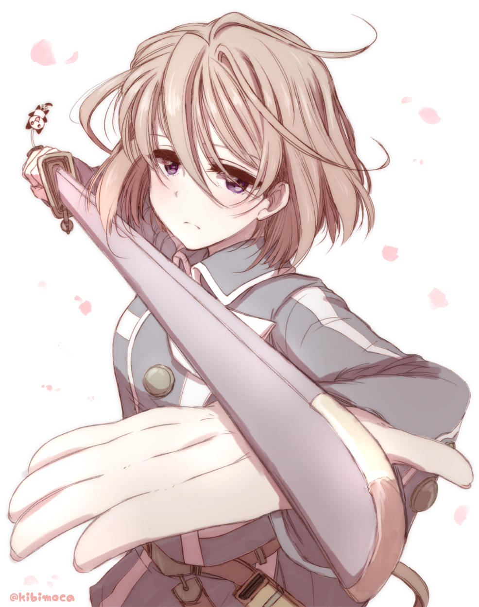 1girl aiming_at_viewer brown_hair foreshortening hayate_x_blade highres holding holding_sword holding_weapon kibimoka looking_at_viewer open_hand petals shizuma_yuho short_hair solo sword twitter_username violet_eyes weapon white_background