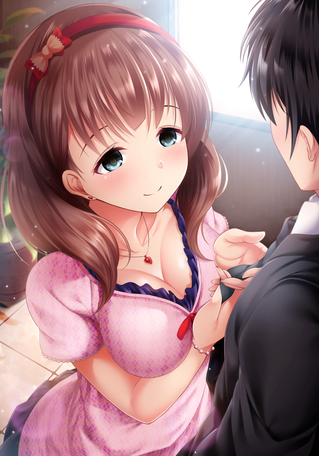 1girl adjusting_clothes adjusting_necktie blue_eyes blush breasts brown_hair cleavage commentary_request garana hairband heart heart_necklace highres idolmaster idolmaster_cinderella_girls medium_breasts ribbon sakuma_mayu short_hair smile solo_focus