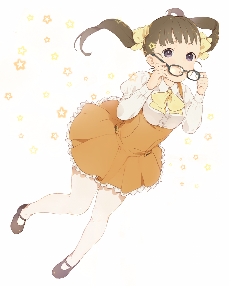 1girl :o bangs black-framed_eyewear black_shoes brown_hair collared_shirt eyebrows_visible_through_hair frilled_skirt frills full_body glasses hair_ornament hair_scrunchie holding holding_glasses long_hair long_sleeves looking_at_viewer mary_janes mosuko orange_skirt original pantyhose parted_lips scrunchie shirt shoes simple_background skirt solo star starry_background suspender_skirt suspenders twintails underbust violet_eyes white_background white_legwear white_shirt yellow_ascot yellow_scrunchie