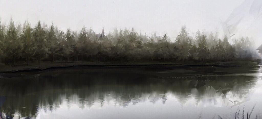 building fog forest grey_sky lake mountain nature no_humans original overcast plant reflection scenery shion_(mirudakemann) shore sky spire tree water