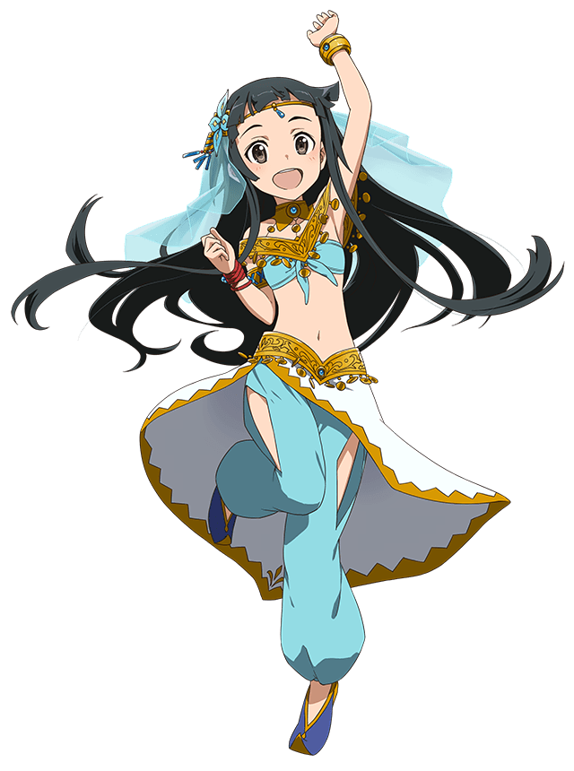 1girl arm_up armpits black_hair bracelet brown_hair clenched_hand floating_hair full_body harem_outfit jewelry long_hair navel official_art open_mouth pointy_shoes round_teeth shoes solo sword_art_online teeth transparent_background yui_(sao)