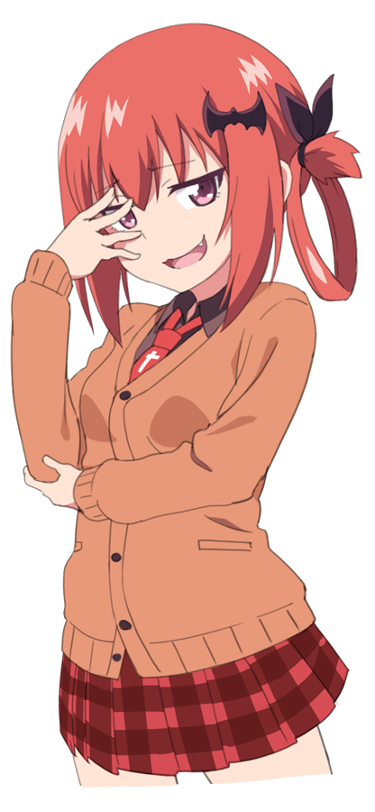 1girl :3 bat_hair_ornament cardigan cowboy_shot cross_of_saint_peter eyebrows_visible_through_hair fang gabriel_dropout hair_ornament hair_rings hand_on_own_elbow hand_on_own_face kurumizawa_satanichia_mcdowell looking_at_viewer necktie nyifu open_mouth pleated_skirt pose purple_hair redhead school_uniform simple_background skirt smile smirk smug solo tsurime white_background