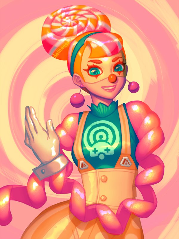 1girl arms_(game) bellhenge clown clown_nose gloves green_eyes jewelry lola_pop looking_at_viewer mask multicolored_hair orange_hair puffy_sleeves smile solo two-tone_hair