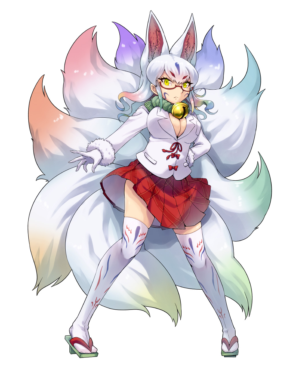 1girl animal_ears bell bell_collar blonde_hair blue_hair bow breasts cleavage collar facial_tattoo fox_ears fox_tail full_body fur_trim glasses gloves green_hair highres kemono_friends kyuubi kyuubi_(kemono_friends) large_breasts long_hair multicolored_hair multiple_tails pleated_skirt purple_hair redhead sakuragi_rian sandals simple_background skirt tail tattoo thigh-highs white_background white_hair yellow_eyes